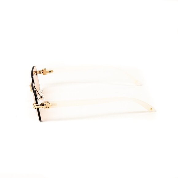 Men's Pink Tint Rectangular Hip Hop Gold Frame Leopard Head Rimless Sunglasses - Picture 6 of 6